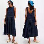 Free People  Retro 90s Soraya Dark Denim Drop Waist Midi Jumper Dress Size XL Photo 1
