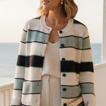 Ann Taylor  Cardigan Womens XS White Blue Striped Cardigan Coastal Grandmother Photo 0