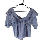 ZARA  Blue Plaid Short Sleeve Cotton Frilly Cold Shoulder Crop Top Women Sz S Photo 0