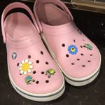 Crocs Classic pink  with various shoe charms dinosaurs daisies women’s size‎ 11 Photo 0