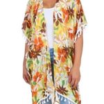 The Room Mates Tropical Flower Print Kimono medium cardigan short sleeve hem tassel Photo 7