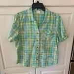 Erika  Womens Short Sleeve Button Up Shirt Green Blue Plaid Leaf Print Size XL Photo 0