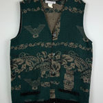 Vtg Sweater Vest Women L Green Tribal Print Fringe Hem Tiki Aztec Southwestern Size L Photo 0