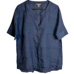 Tommy Bahama Navy Blue Plaid Short Sleeve Blouse Linen Cotton Silk Medium Beachy Photo 0