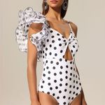 NWT One Shoulder Ruffle Polka Dot One Piece Swimsuit White Size M Photo 2
