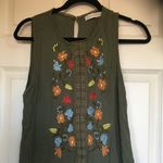 Paper Crane sleeveless top Small olive green boho embroidered flowers on front Photo 0