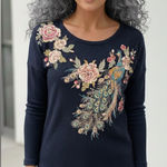 Johnny Was  Blue Waffle Knit Cotton L/S Top w/Floral & Peacock Embroidery PXL Photo 0