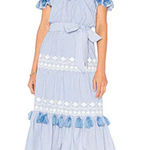 Tularosa Lana Midi Dress L Blue Stripe Embroidered Off Shoulder Tiered Tassel Photo 0