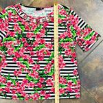 Rafaella  Scallop Scoop Neck Stripes Pink Floral Top  Petite PXL Photo 2