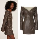 Nanushka Surplice Cold Shoulder Brown Faux Leather Mini Dress Size Medium Photo 6