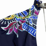 Trina Turk  Women's Navy Floral Bikini Bottom Size 10 Side Strap Gold Accent Swim Photo 5