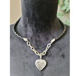 Women's Black Leather Braided Necklace with Silver Heart Locket Lobster Clasp Gold Photo 1
