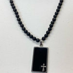 Silver Tone & Black Bead Rosary Beaded Long Necklace Cross Religious Jewelry Photo 0