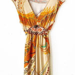 ECI  New York Boho Paisley Beaded Waist Dress Sz M Orange Tan Multicolor Photo 0