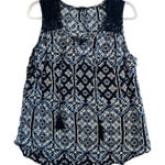 Relativity 1X Navy Blue Printed Tank Top Sleeveless Lace Tassel Boho Blouse Photo 0