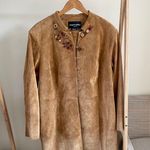 Vintage Suede Leather Embroidered Floral Longline Jacket in Camel Brown Size 22 plus Photo 0