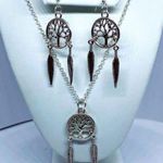 Handmade Silver-Tone Tree of Life Feather Necklace & Earrings Set Photo 0