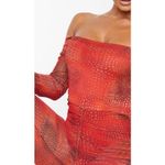 Pretty Little Thing  Orange Croc Mesh Bardot Ruched Jumpsuit Size 8 EUC Photo 3