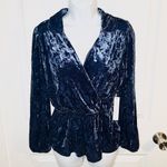 Modcloth  Peak of Chic Crushed Velvet Top Faux Wrap Puff Sleeve Blue S Photo 3