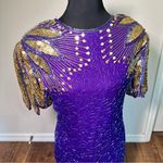 Laurence Kazar Silk Purple and Gold Embellished Sheath Dress Photo 4