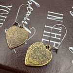Vintage Brass Floral Heart Dangle Earrings Stainless Hooks Romantic Boho Gold Photo 0
