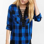 EXPRESS ✨
Women's Black&Blue Check Lace-up Shirt✨ Photo 0