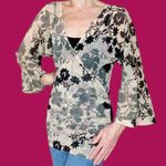Karen Kane Sheer Burnout Black & Ivory Floral Flare Sleeve Blouse Photo 1