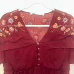 ZARA Medium Burgundy Floral Embroidered Frilled Ruffle Sleeve Mini Casual Dress Photo 3