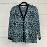 St. John  Women’s 2 Wool Blend Blue Leopard Cardigan Office Core Career Dressy Photo 0