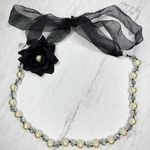 Faux Pearl and Clear Beaded Black Ribbon Tie Statement Necklace Photo 0