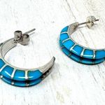 Sterling silver and inlaid turquoise half moon earrings, vintage Photo 0