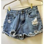 Brandy Melville Distressed Mid Rise Zip Fly Blue Denim Shorts Size small Cuffed Photo 0