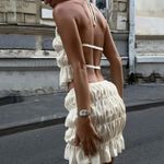 Beige Womens Y2K Boho Two Piece Skirt Set Pleated Ruffled Backless White Photo 3