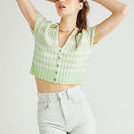 Free People  NWT Flirt Cardi‎ Short Sleeve Sweater Green Cream Stripe Size Medium Photo 0