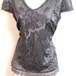 Peter Nygard floral cap short sleeve gray v neck lace blouse⦠Photo 0