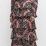 Marie Oliver  Blythe Tie-Dye‎ Ruffle Tiered Long Sleeve Midi Dress Sz S NEW Photo 0