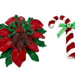 Vintage 1950s Christmas Poinsettia and Candy Cane Enamel Brooch Lot Red Photo 6
