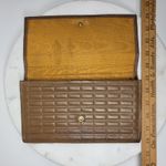 Antique Tooled Leather Clutch Handbag Brown Gold Taffeta Kiss Lock Handle Purse Photo 3