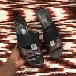 Bright Swimwear Brighton Black Brown leather silver accents high heel wedges mules sandals pump Photo 5