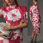 Anthropologie  Long-Sleeve Mock-Neck Mesh Printed Slim Midi Dress Pink XXS Retro Photo 5
