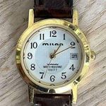 Milan Ladies Watch Vintage Gold Tone Case w/Date Silver Dial Tan Leather Strap Photo 1