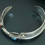 Vintage Navajo Signed Sterling Silver Turquoise Coral Feather Cuff Bracelet 34g. Photo 3