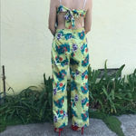TROPICAL print jumpsuit cut out sides ties in back sexy slinky NEW size S Yellow Photo 1