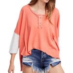 Free People Star Destructed Henley Top Size Small Coral Layered Oversized Photo 0