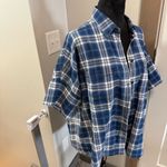 Madewell  Half Sleeve Blue White Plaid Button Front‎ Oversize Flowy Blouse Top L Photo 3