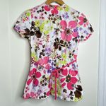 Cherokee  Floral V Neck Scrub Top Women’s XS Swiss Dot Colorful Ruffle Cotton Photo 4