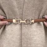 Stylish PU Leather Thin Belt Metal Simple‎ Hook Buckle Adjustable Waist Band Tan Photo 0