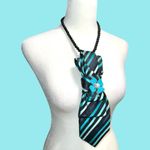 “Dainty Dapper” black necktie necklace with aqua stripes. Aqua flower brooch Photo 4