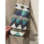 Entro Sequin Sleeve Sweater Sz Large Beige w/ Blue and Teal Sequin Sleeves Gray Photo 2