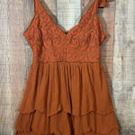 Shyanne  Rust Tiered Mini Dress L Boho Western Country Lace Embroidered Festival Photo 0